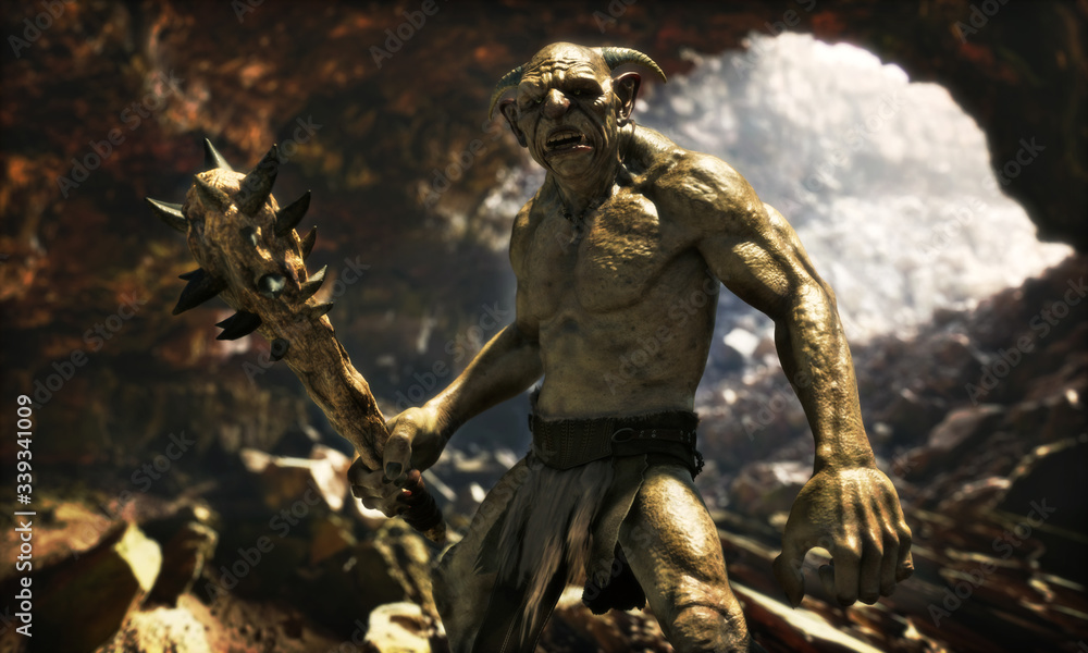Portrait of an evil troll with a spiked club wandering through a large natural cave.3d rendering Portrait of an evil troll with a spiked club wandering through a large natural cave.3d rendering