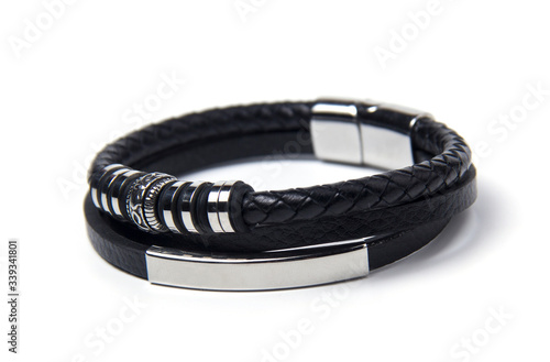 Black men's bracelet on a white background. Men's leather bracelet