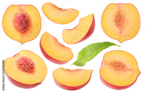 Isolated peaches collection. Pieces of fresh peach fruits of different shapes isolated on white background