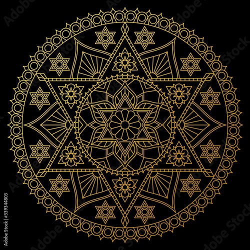 Round golden mandala on black background. Stylish vector design.