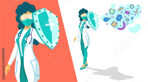 Woman doctor hero with mask, protection glasses and shield fighting corona virus symptoms. Female nurse hero flat illustration. Doctor wearing mask fighting COVID-19 vector art. Anti virus.