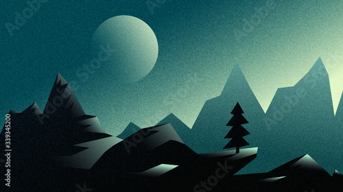 Dark nature scene. Mystical landscape with mountains, a tree and a big moon in the sky. flat illustration