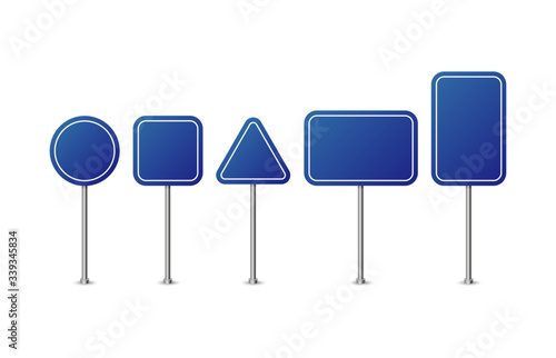 Blue road signs. Realistic road sign set. Road sign template for text.