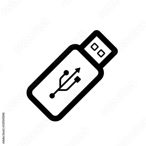 USB flash drive icon. Black icon isolated on white background. USB flash drive silhouette. Simple icon. Web site page and mobile app design vector element.