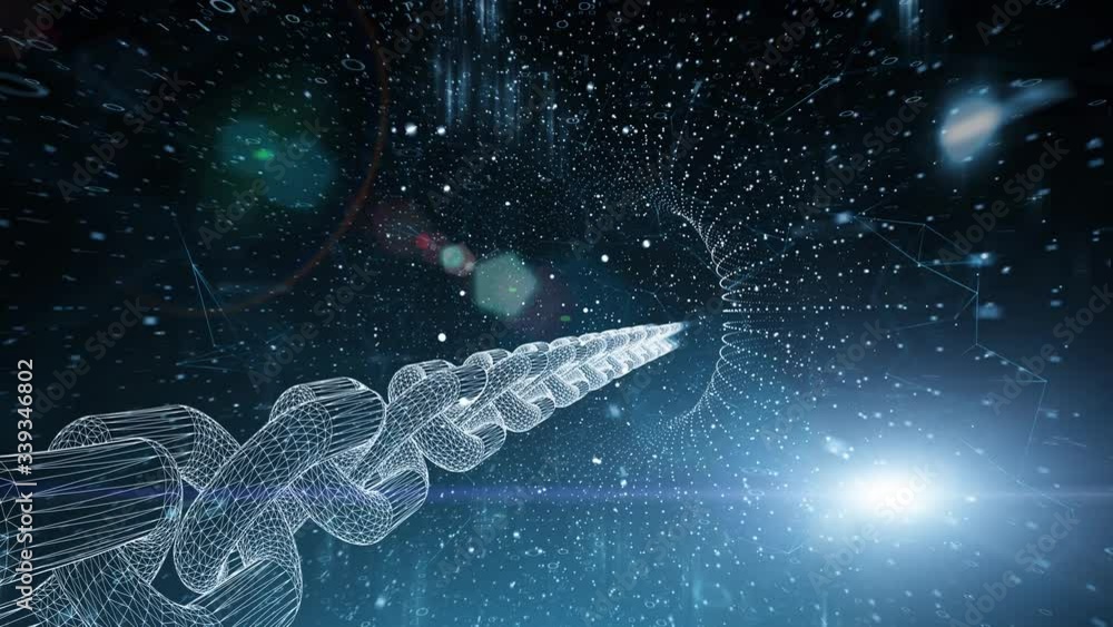 Shining cyberspace with 3d block chain rotation. Digital technology.