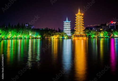 Принти на полотні Sun and Moon Pagodas, Guilin, China