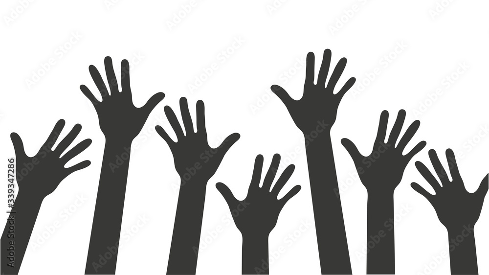 Raised hands silhouette isolated on white background. Hands up illustration Raised hands silhouette isolated on white background. Hands up illustration