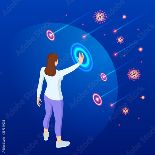 The virus attacks the respiratory tract, pandemic medical health risk. Stop the virus and epidemic diseases. Woman in white medical protective mask showing gesture stop.