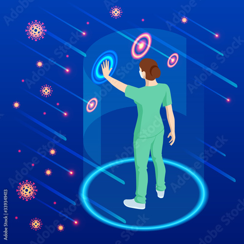 The virus attacks the respiratory tract, pandemic medical health risk. Stop the virus and epidemic diseases. Doctor in white medical protective mask showing gesture stop.