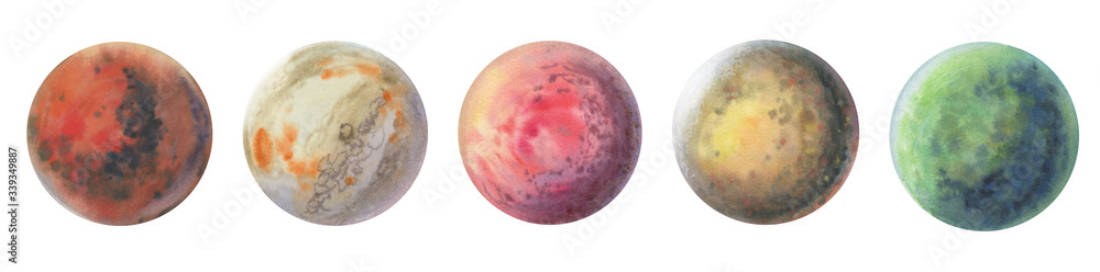 Set of colorful planets isolated on white background. Watercolor hand drawn abstract planet balls magic art work illustration. Colorful abstract geometric circle. - obrazy, fototapety, plakaty 