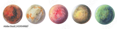 Set of colorful planets isolated on white background. Watercolor hand drawn abstract planet balls magic art work illustration. Colorful abstract geometric circle.