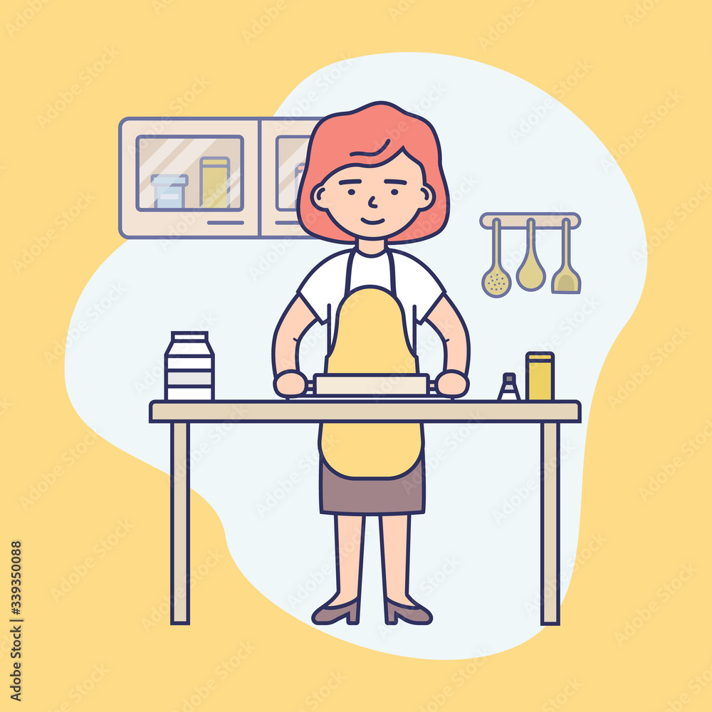 Young Girl Is Cooking Food In The Modern Kitchen. Female Character Is Rolling Out the Dough On the Kitchen s Table. Housewife Is Cooking Healthy Food. Cartoon Flat Outline Linear Vector Illustration