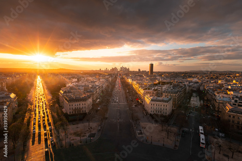 View of La Defense financial district and the Grande Armée avenue seen from the top roof of the Arc de Triomphe (Triumphal Arch) in Paris, France. photo