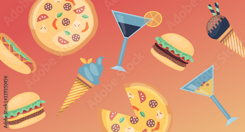 Concept Of Fast Food Menu. Set Of Fast Food Meal With Pizza, Hotdog, Classic Cheese Burger, Hamburger, Tasty Ice cream And Fresh Cocktails. Unhealthy Junk Food. Cartoon Flat Style Vector Illustration