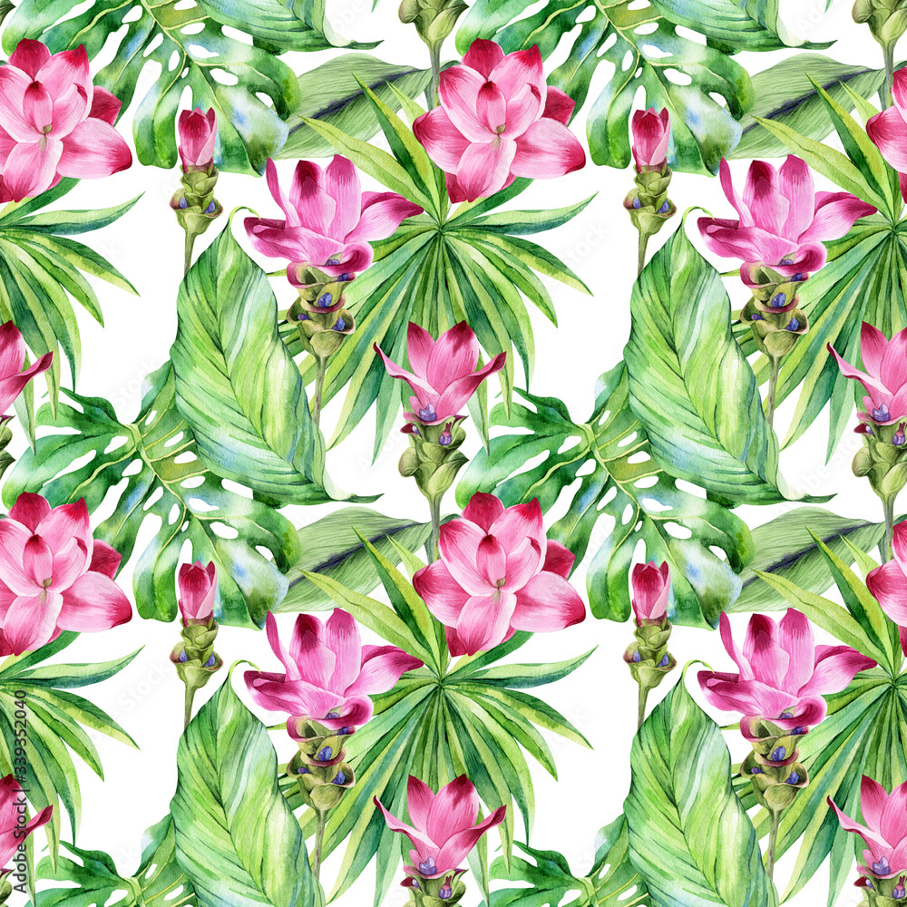 Watercolor seamless pattern with hand painted curcuma, turmeric flowers, tropical leaves, monstera, palm isolated. Stock illustration. Fabric wallpaper print texture. Watercolor seamless pattern with hand painted curcuma, turmeric flowers, tropical leaves, monstera, palm isolated. Stock illustration. Fabric wallpaper print texture.
