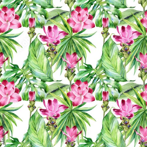 Watercolor seamless pattern with hand painted curcuma  turmeric flowers  tropical leaves  monstera  palm isolated. Stock illustration. Fabric wallpaper print texture. 