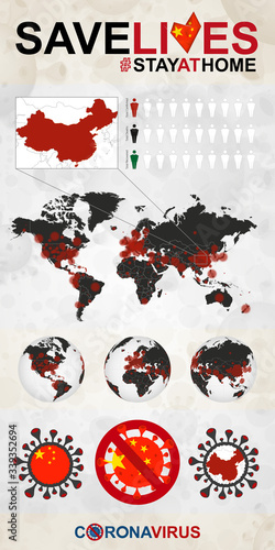 Infographic about Coronavirus in China - Stay at Home, Save Lives. China Flag and Map