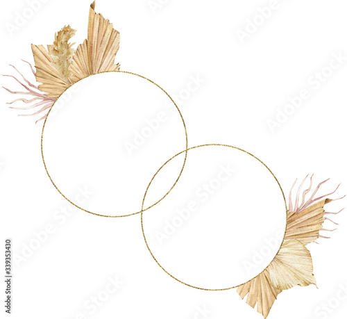 Golden frame with two rings decorated with watercolor tropical dried leaves and pampas grass.