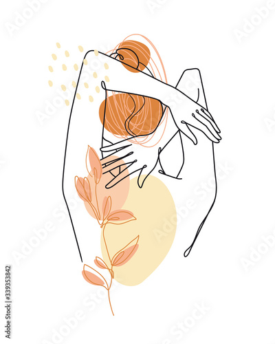 Trendy abstract one line woman body with leaf and geometric shapes, portrait of a girl with bun hair.