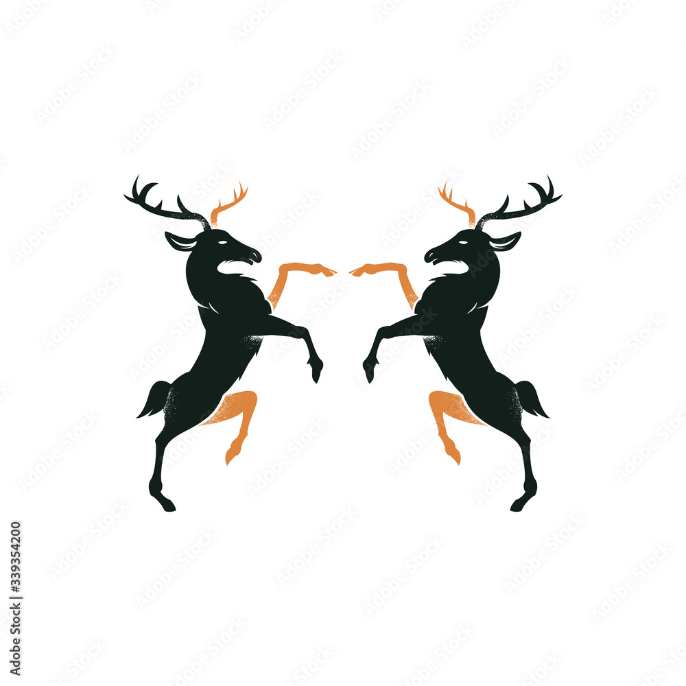 Royal heraldic Two noble deers standing. Vintage black design of heraldry animals vector emblem. 