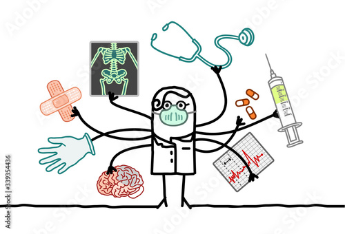 Multitasking cartoon doctor with many arms and medical objects