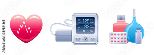 Medical equipment and device icon set. Heart with cardiogram line, tonometer, pills, medicine, enema elements. Health care vector illustration isolated white background
