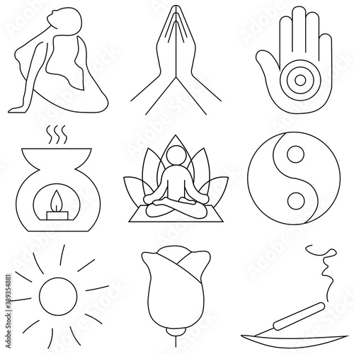 Set of hand drawn yoga and wellness line icons. Elements in outline style for spa center or yoga studio