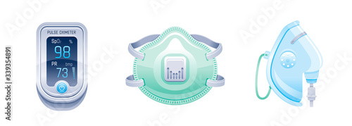Medical equipment and device icon set. Pulse oximeter, oxygen mask, respirator. Coronavirus, Covid virus prevention elements. Health vector illustration isolated white background
