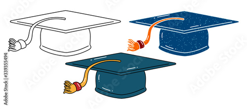 graduation hat vector design. black and white. digital hand drawn. grain texture