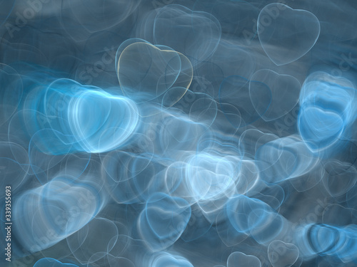 Abstract Illustration - Glowing Blue Hearts, soft shapes blurred background. Magical fantasy background image, vibrant transparent glowing shapes. Colored hearts, digital artwork, random © Cedar