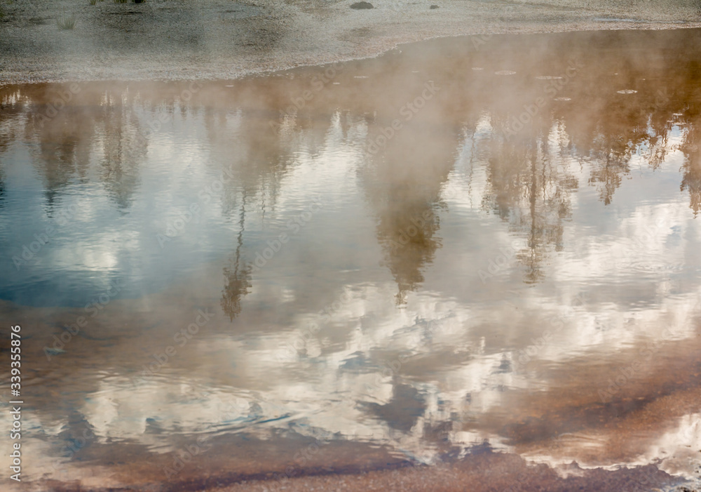 Early Morning Reflections In Chromatic Pool, Upper Geyser Basin, Yellowstone National Park, Wyoming, USA