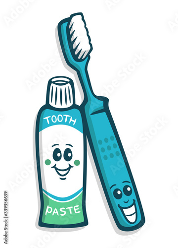 Vector drawing of a smiling toothpaste tube and a happy blue toothbrush for girls. Drawn in a cute style with flat colors and isolated on white.