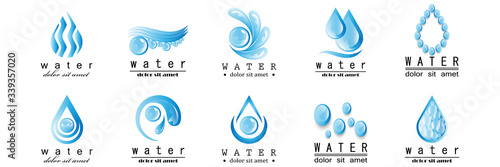 Water Splash Vector And Drop Set - Isolated On White. Abstract Vector Collection Of Flat Water Splash and Drop Logo. Icons For Droplet, Water Wave, Rain, Raindrop, Company Logo And Bubble Design