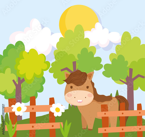 farm animals horse wooden fence flowers trees