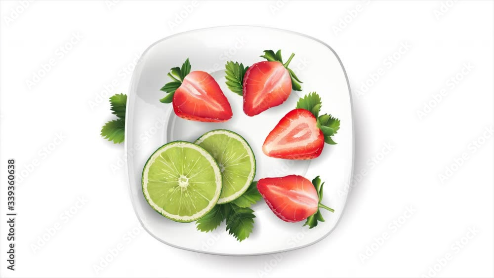 Still life of fruit: lime and strawberries on a white plate. Still life of fruit: lime and strawberries on a white plate.