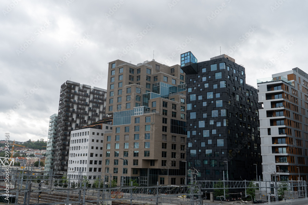 Modern architecture of Oslo: Barcode Project of The Opera Quarter. August 2019 Modern architecture of Oslo: Barcode Project of The Opera Quarter. August 2019