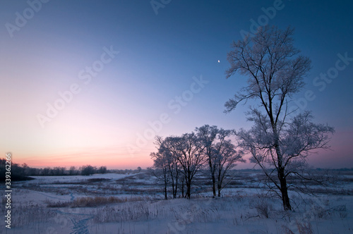 A thick coating of hoar frost covers the winter landscape as the sun rises over a Midwest prairie. © Mark Baldwin