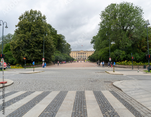 The road and pedestrian crossing in front of The Royal Palace of Oslo, Norway. August 2019