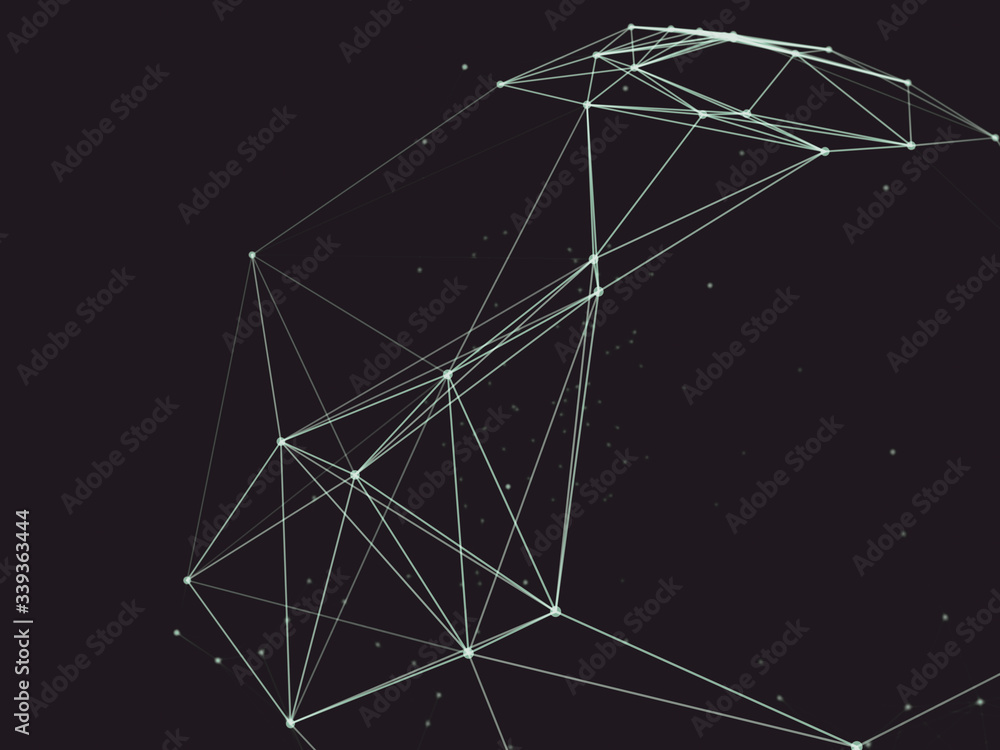 Abstract technology neural network and sphere geometry orb and polygonal lines and dots. Futuristic Technology, digitally generated image, 3d rendering