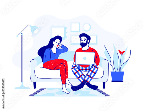 Young man and woman sitting on the couch with a laptop. Couple talking and having fun in modern cozy home. Cartoon and home furnishing vector illustration