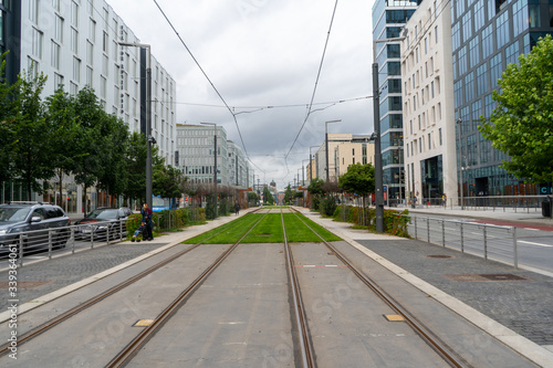 Tramways near Barcode Project in Oslo, Norway. August 2019