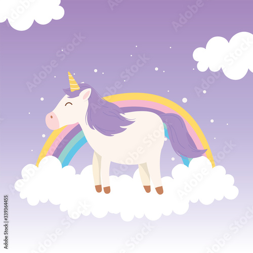 unicorn on cloud with rainbow decoration magical fantasy cartoon cute animal