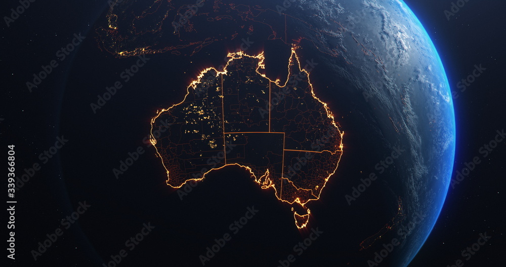 Australia map outline view from space, globe earth, red glow