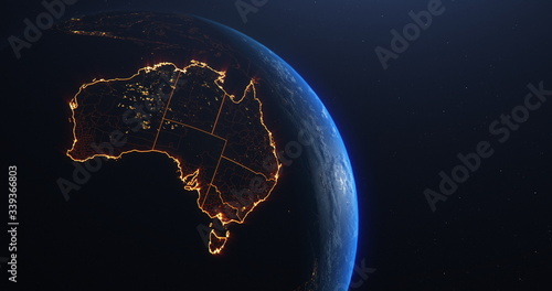 Australia map outline view from space, globe planet earth, red glow color, elements of this image courtesy of NASA