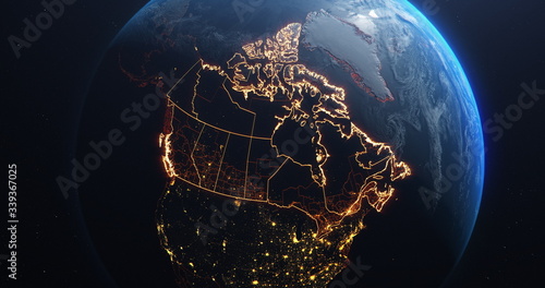 Canada map outline view from space, globe planet earth, red glow color, elements of this image courtesy of NASA