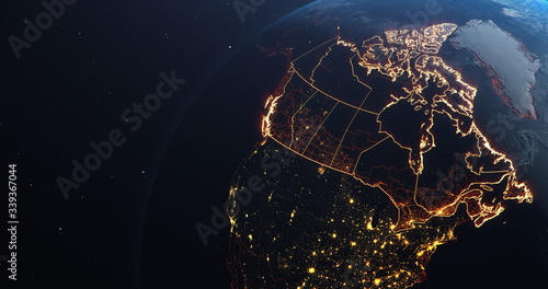 Canada map outline view from space, globe planet earth, red glow color, elements of this image courtesy of NASA