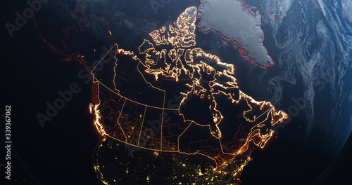 Canada map outline view from space, globe planet earth, red glow color, elements of this image courtesy of NASA