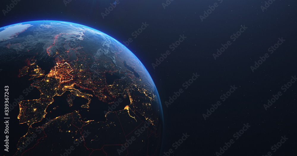 Fototapeta Germany map outline view from space, globe planet earth, red glow color, elements of this image courtesy of NASA