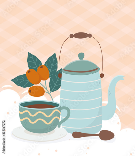 coffee time, teapot coffee cup spoon seeds fresh beverage