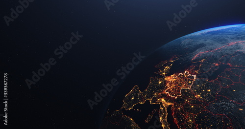 Germany map outline view from space, globe planet earth, red glow color, elements of this image courtesy of NASA